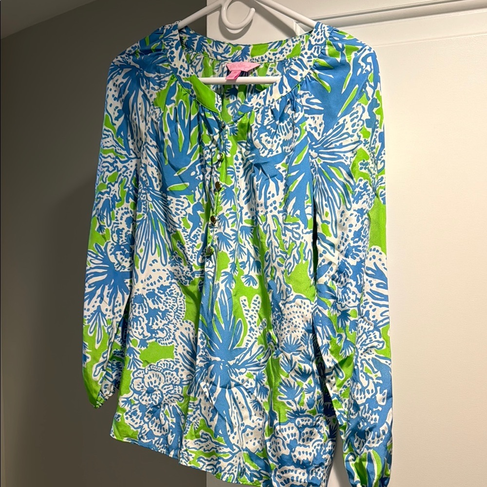 Lilly Pulitzer Blue & Green Floral Peasant Top